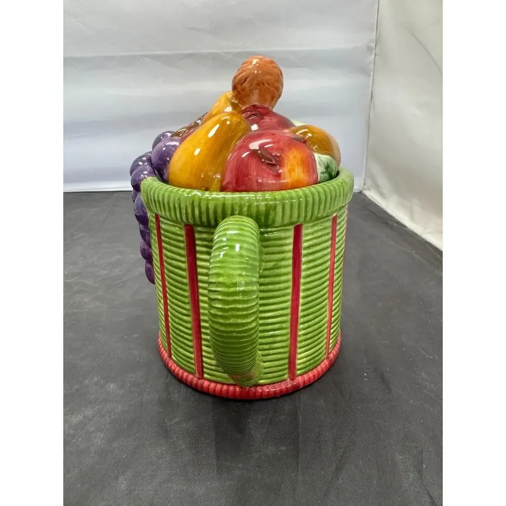 Vintage Cooks Club Ceramic Basket of Fruit Teapot Wicker Basketweave Harvest 6